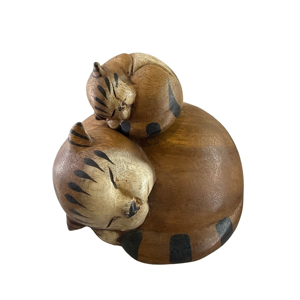 SET OF 2 Folk Art Carved Wood Shelf Sitter Figurines Cats Sculptures SOLID WOOD